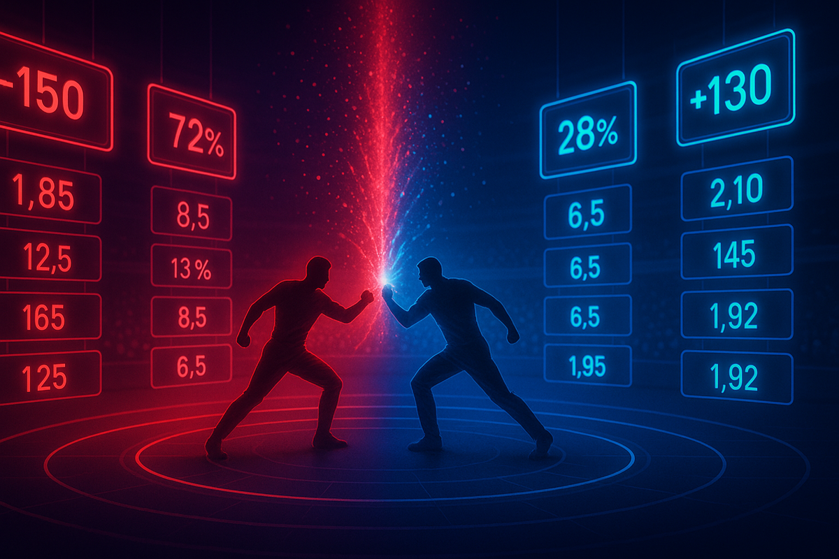Red vs blue showdown—two fighters clashing under glowing odds and win rates, blazing numbers and fierce rivalry, burning tension of probability battle