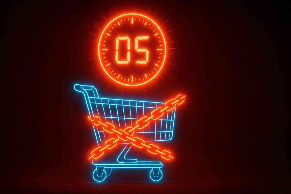 Urgent countdown shopping cart—digital timer glowing in fiery red, chained trolley symbolizing deadline pressure, stressful rush before time runs out