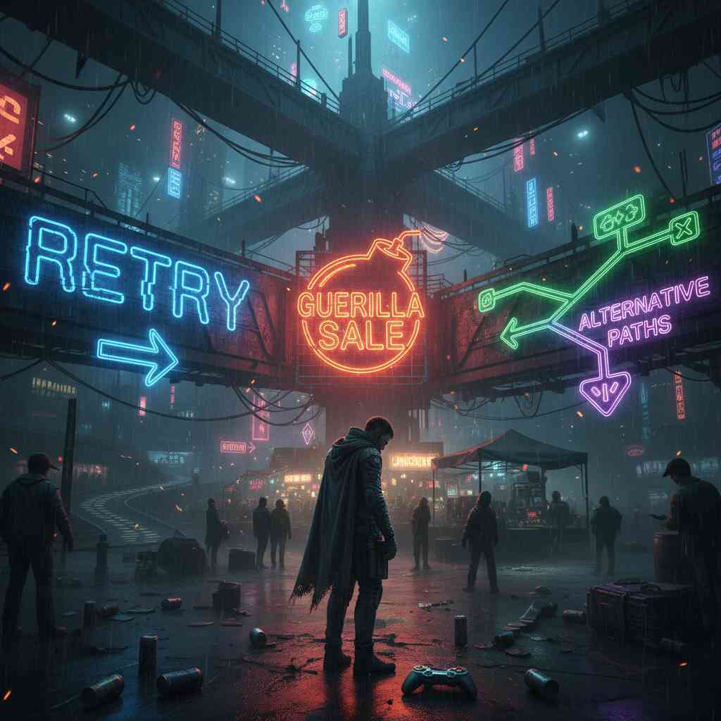 Cyberpunk street under neon storm—desperate gamer facing glowing signs “Retry, Guerilla Sale, Alternative Paths,” rain-soaked chaos and survival energy