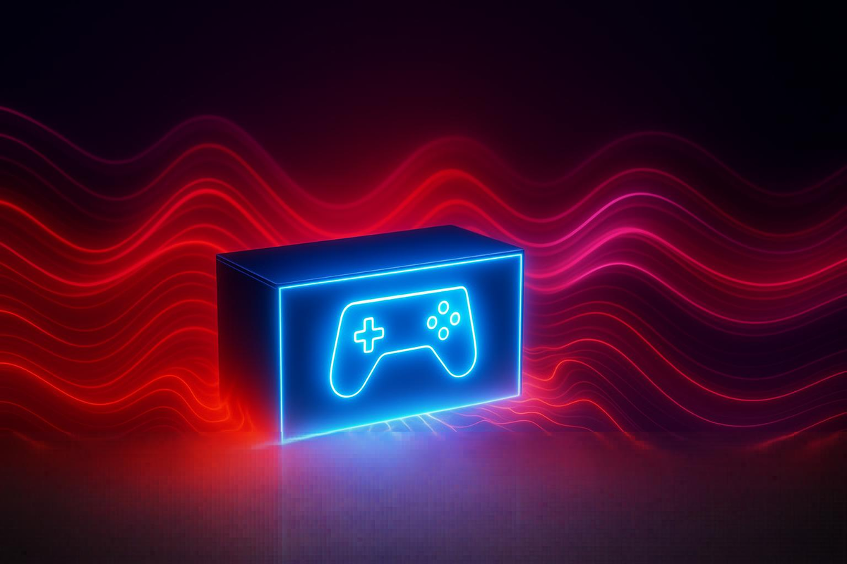 Mystical glowing console box—neon game controller shining inside surreal waves of red and blue light, dreamlike aura of rare treasure discovery