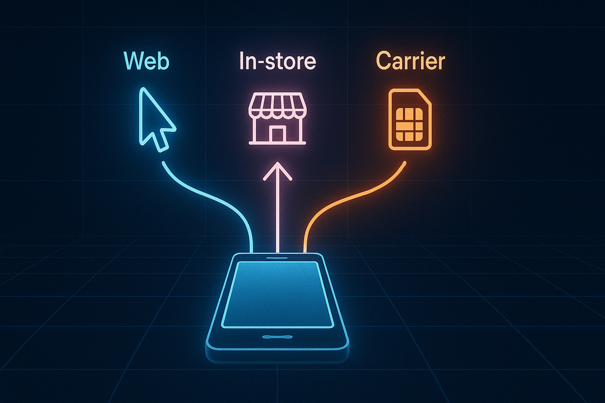 Glowing arrows showing Web, In-store, Carrier flowing into smartphone—bold choice paths, decisive action, futuristic energy of multiple booking options