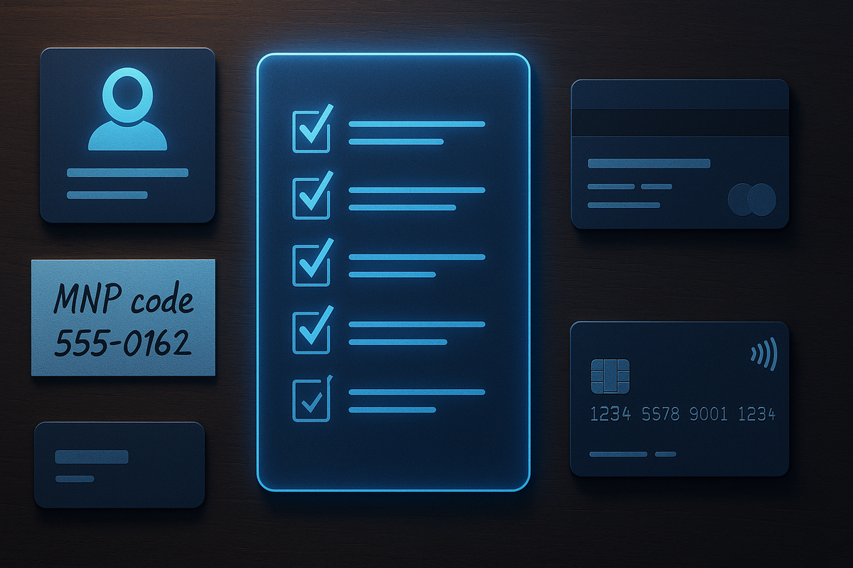 Checklist glowing with ID card, MNP code, and credit cards—essential preparation, calm before the storm, empowering clarity before big upgrade move