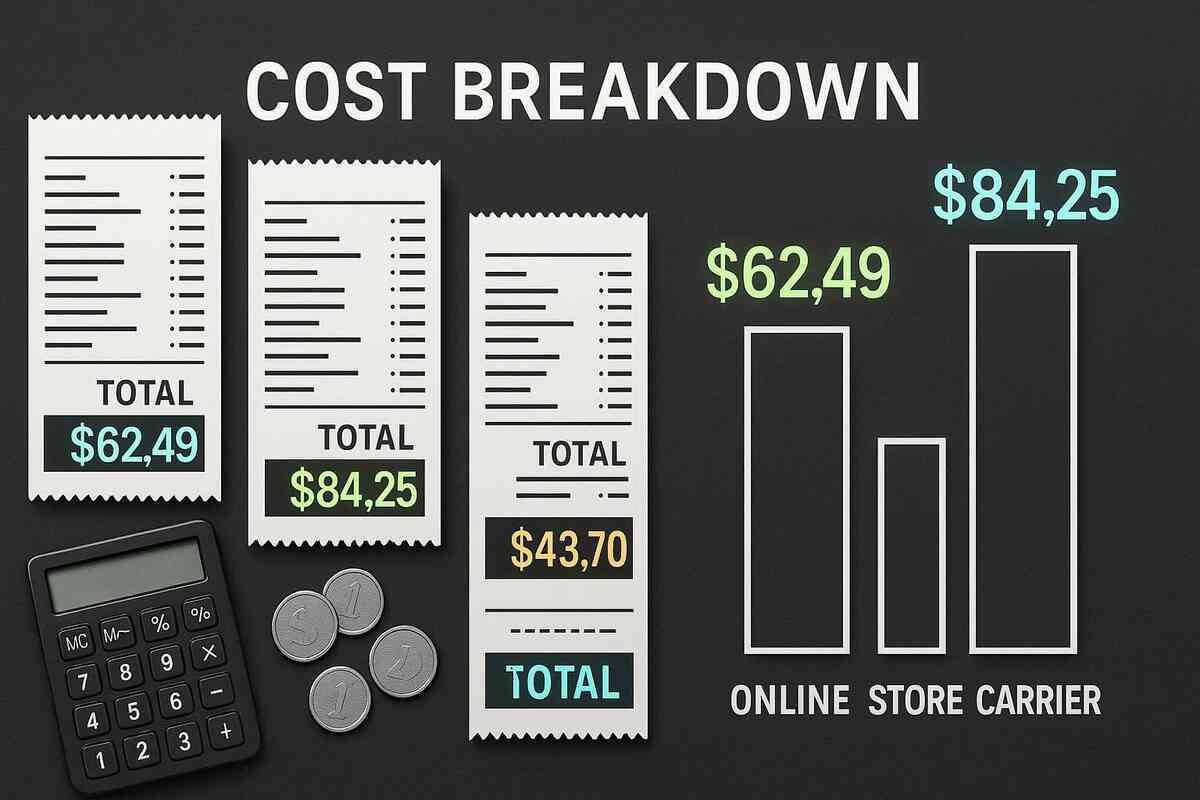Cost breakdown receipts with calculator and coins—raw money truth, hidden fees exposed, empowering transparency for budget-conscious buyers