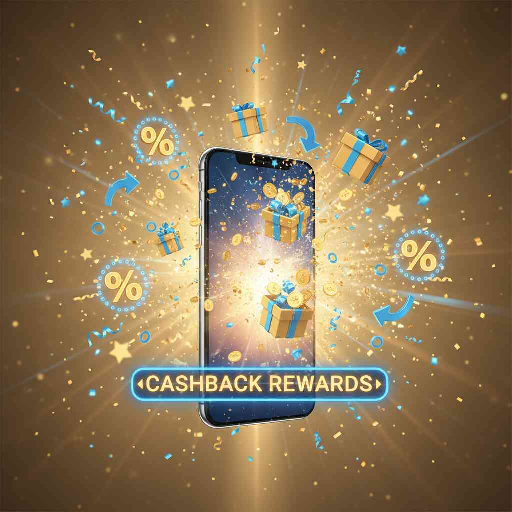 Golden smartphone bursting with cashback rewards, gifts, and coins—emotional explosion of savings, dazzling perks, joy-filled upgrade celebration