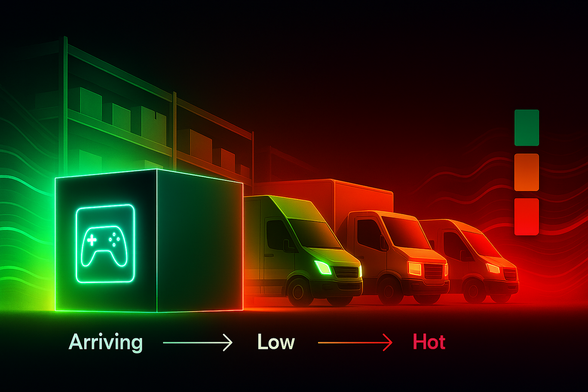 Warehouse trucks glowing green to red with stock signals—hot demand pressure, arriving vs low stock urgency, burning anticipation for latest devices