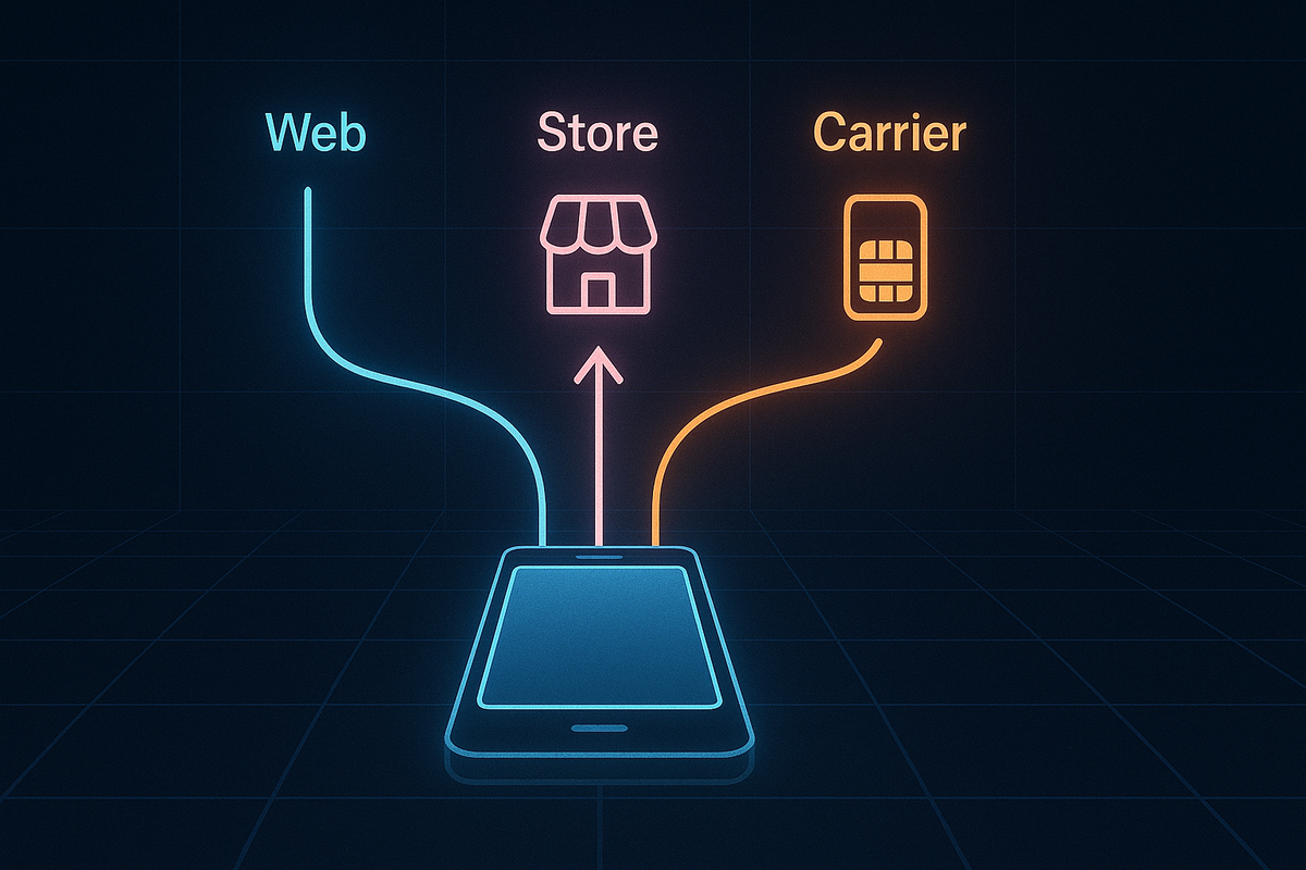 Futuristic choice map—Web, Store, Carrier glowing icons flowing into smartphone, decisive upgrade paths under neon light
