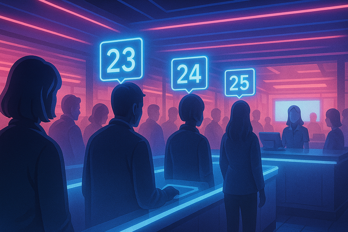 Crowd waiting in glowing neon queue—number tags floating overhead, tense atmosphere of scarcity, hype, and anticipation