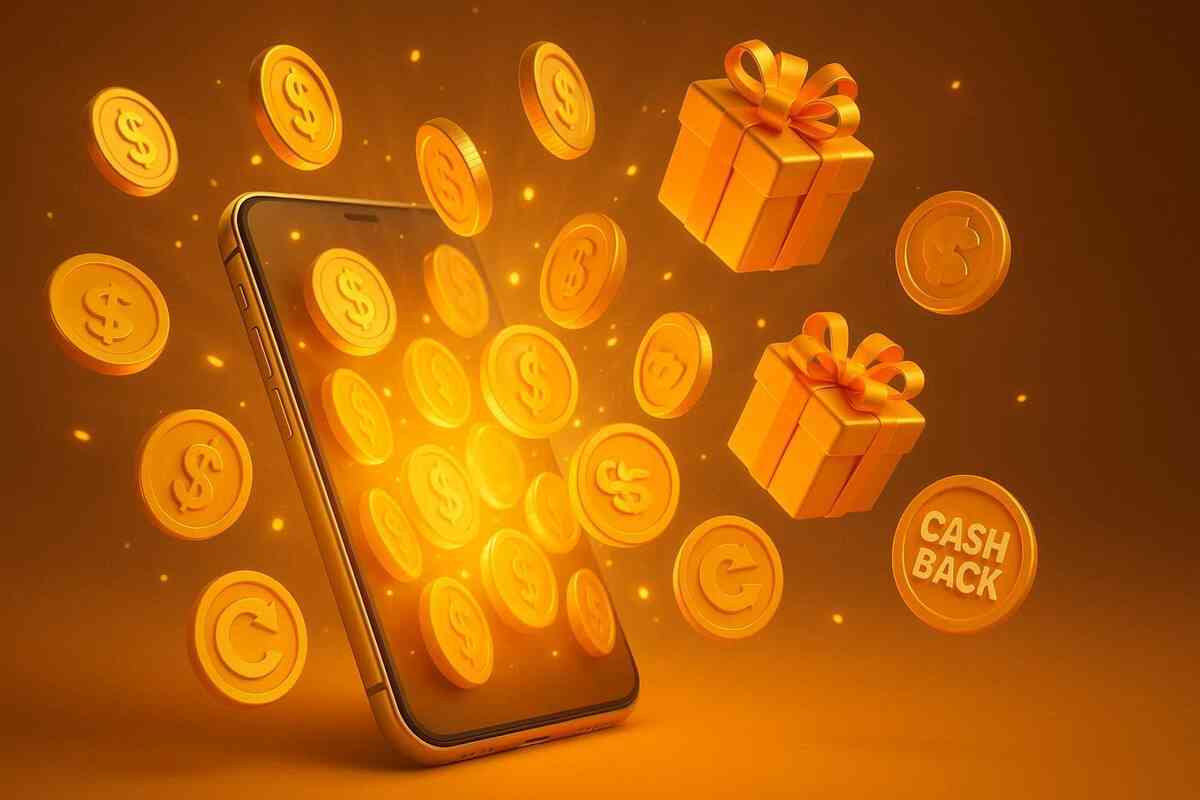 Golden cashback storm—smartphone exploding with coins and gift boxes, dazzling rewards and irresistible bonus energy