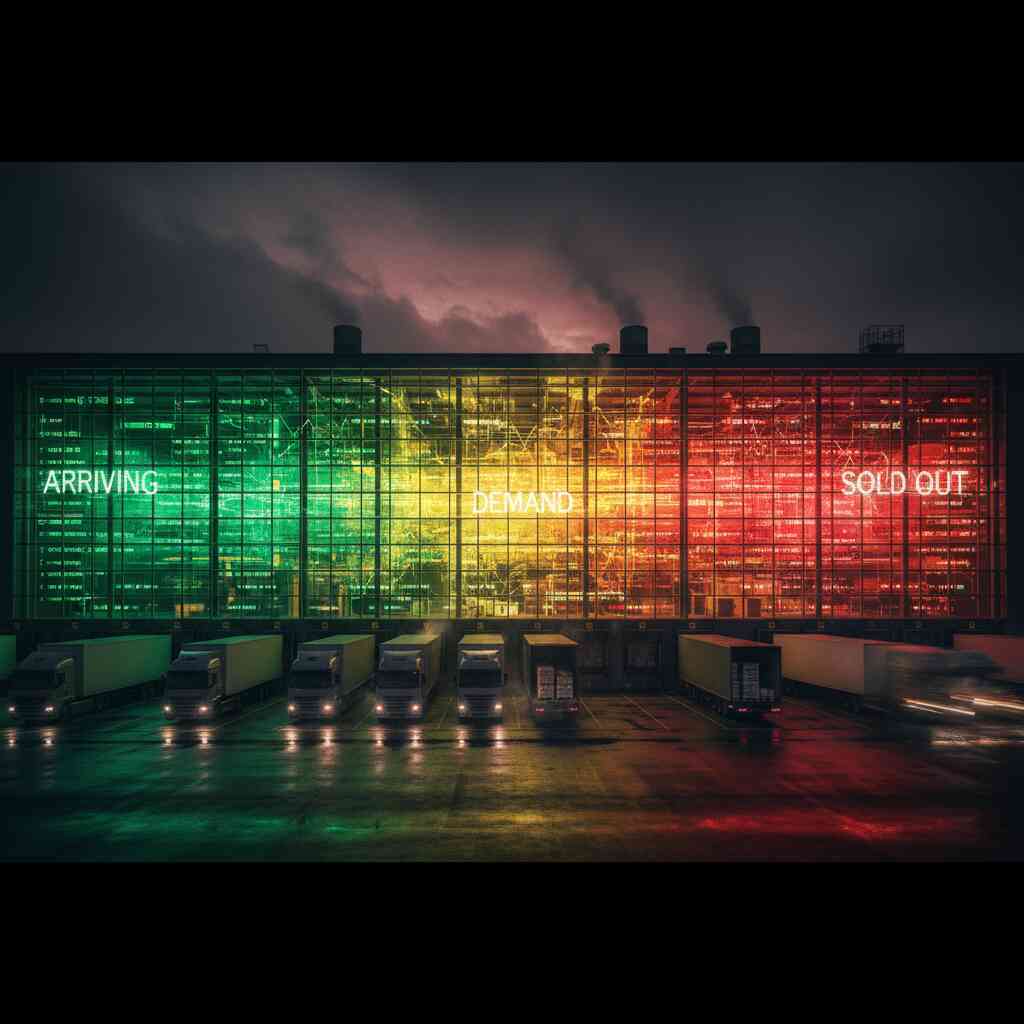 Warehouse lit in green, yellow, red—ARRIVING, DEMAND, SOLD OUT glowing across facade, trucks lined up, intense supply drama