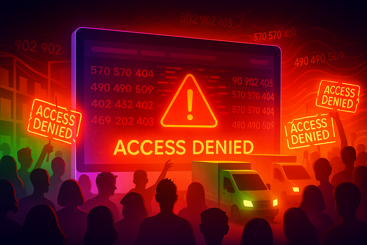 Chaotic red error screen—ACCESS DENIED flashing, angry crowd silhouette in neon glow, raw frustration of server crash chaos