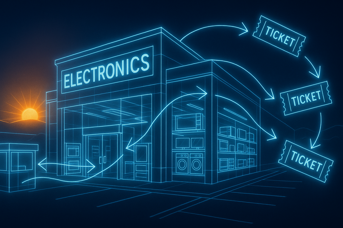 Futuristic electronics store glowing in neon lines with flying tickets—early morning rush, secret codes, chaotic sunrise vibes