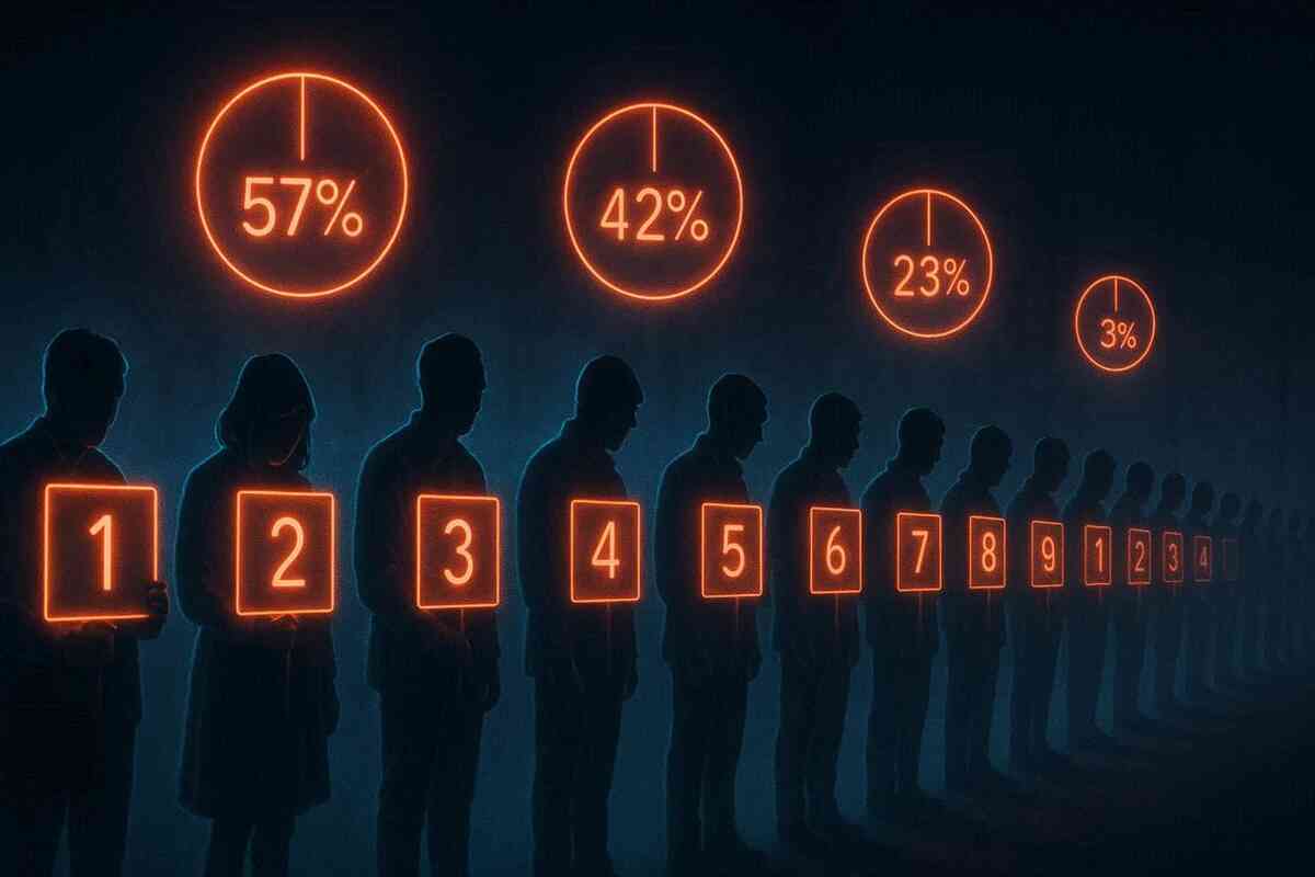 Dark line of people with neon numbers above heads showing probabilities—lottery tension, fragile hope, burning anxiety of iPhone17 queue