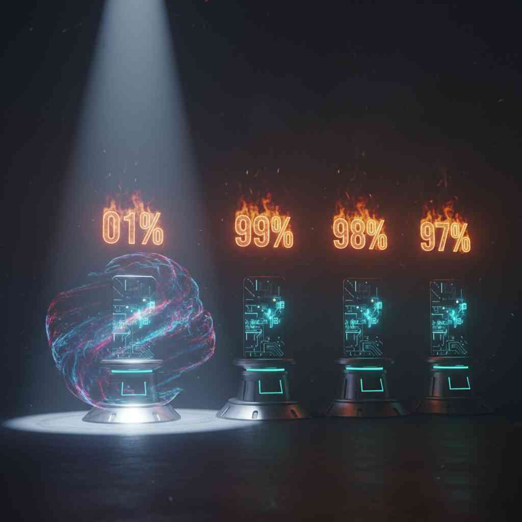 Spotlit smartphones with blazing percentages—rare survival odds, winners versus losers, burning truth of availability