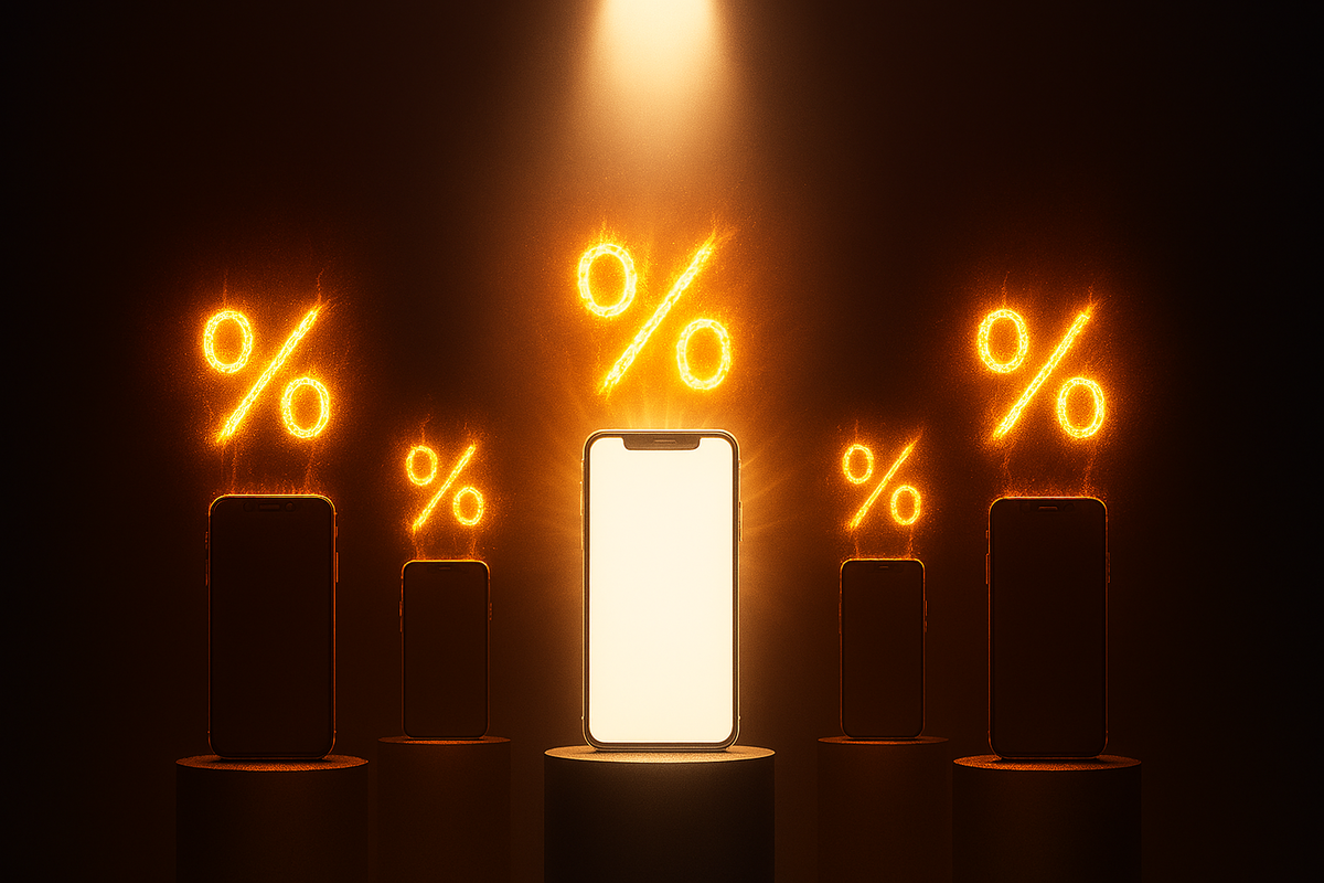 Central glowing smartphone with fiery discount signs—unstoppable deals, magnetic pull, emotional explosion of savings
