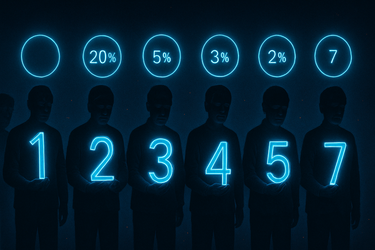 Mysterious silhouettes holding neon numbers with rare probability percentages—haunting odds of iPhone launch day success, tense atmosphere of chance