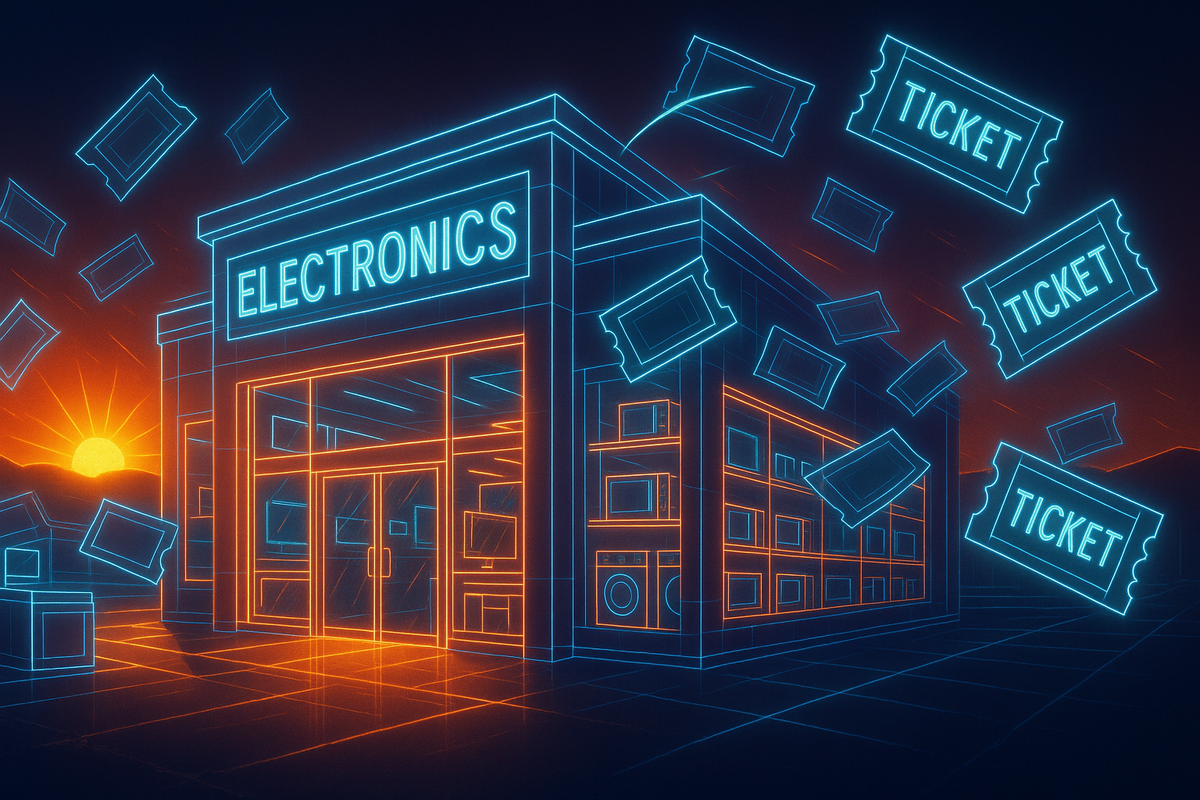 Electronics store glowing at sunrise with flying tickets—chaotic lottery rush for iPhone17, raw excitement and desperate hope in the morning air