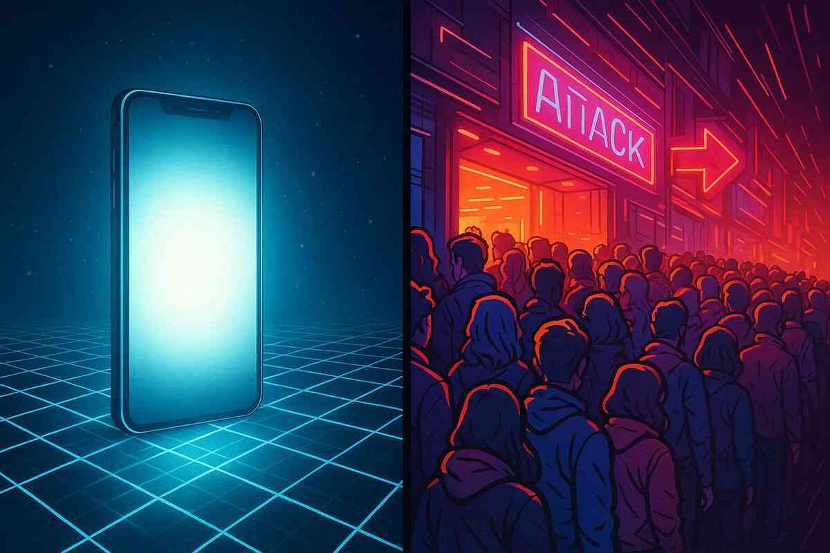 Split scene of glowing smartphone and massive night queue—emotional clash of desire vs scarcity on iPhone release day, burning tension and rush