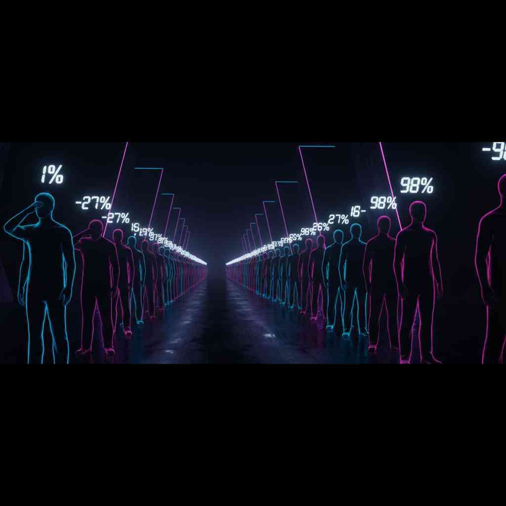 Endless neon silhouettes lined with percentages—brutal statistics of iPhone17 purchase odds, dramatic visualization of winning or losing fate