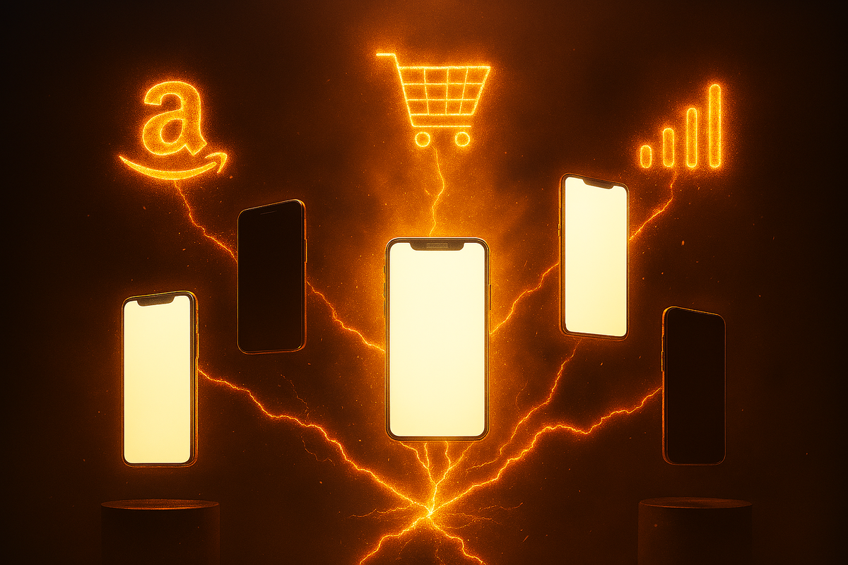 Exploding glowing smartphones with shopping cart, carrier, and online icons—lightning-charged battle for iPhone17 stock, wild urgency and electric desire