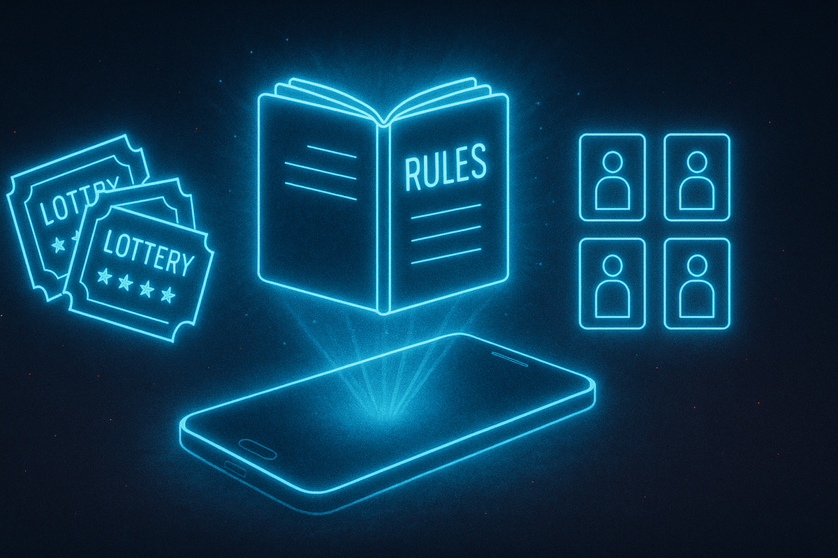 Floating neon RULES book, lottery tickets, and ID icons above smartphone—mystical fairness, suspenseful system of chance, glowing regulation energy