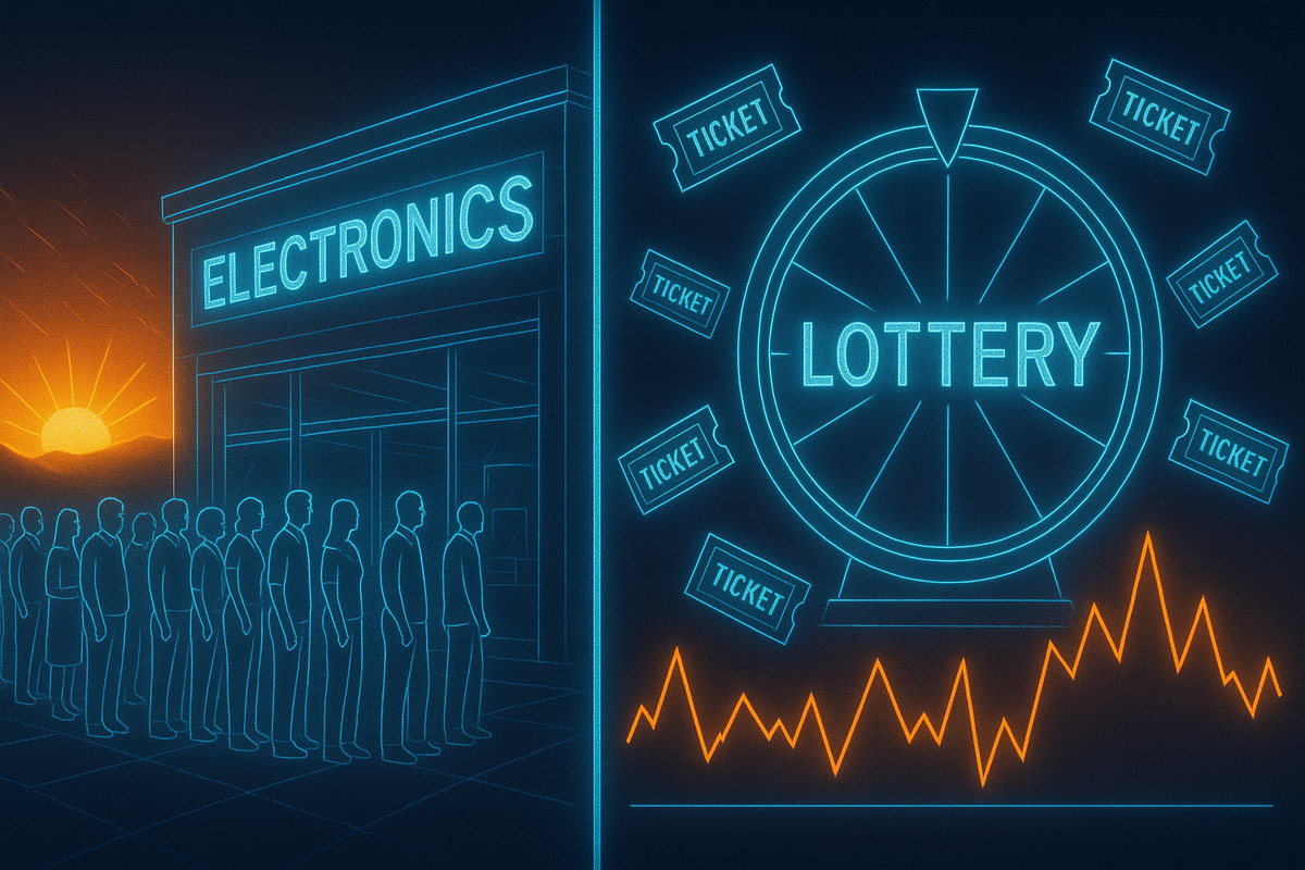 Long dawn queue outside glowing ELECTRONICS store, beside neon lottery wheel and spiking chart—tension of scarcity, burning hope, nerve-wracking odds