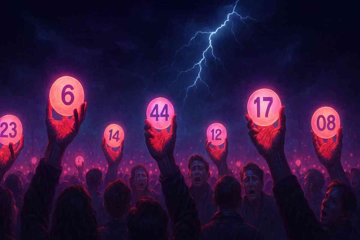 Hands holding glowing lottery balls with numbers under storm and lightning—emotional chaos, desperate anticipation, electrified tension of fate