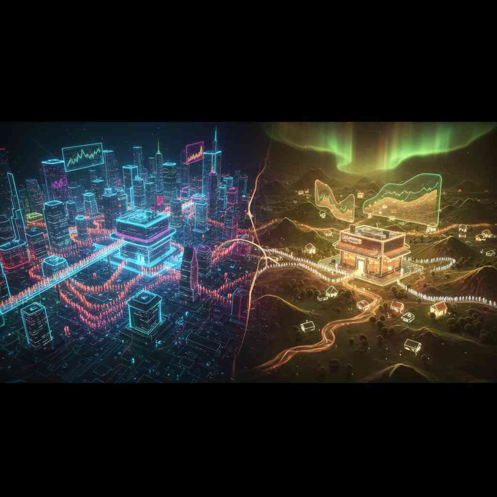 Neon city packed with endless queues vs glowing countryside store under aurora—urban chaos vs rural hope, surreal contrast, dreamlike anticipation