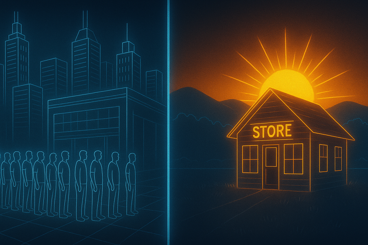 City mega-store long line versus glowing countryside shop at sunrise—contrast of stress versus hope in the battle for launch-day stock