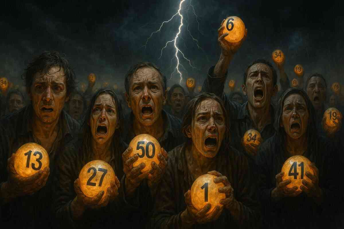 Desperate faces clutching numbered lottery balls under lightning—raw emotion, tension, and heartbreak of winning or losing iPhone17 purchase chance