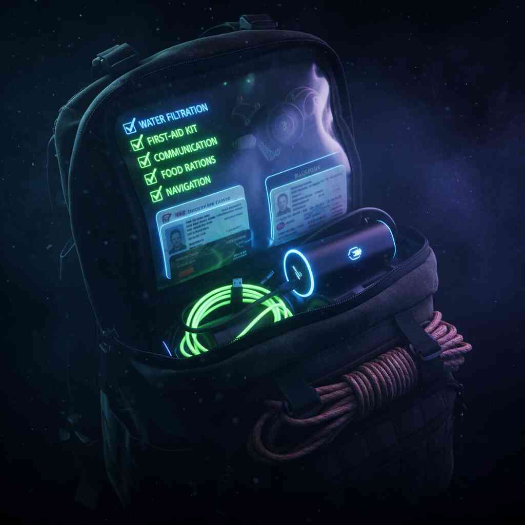 Survival backpack with glowing checklist and ID cards—strategic preparation, determination, and calm before the storm of launch day chaos