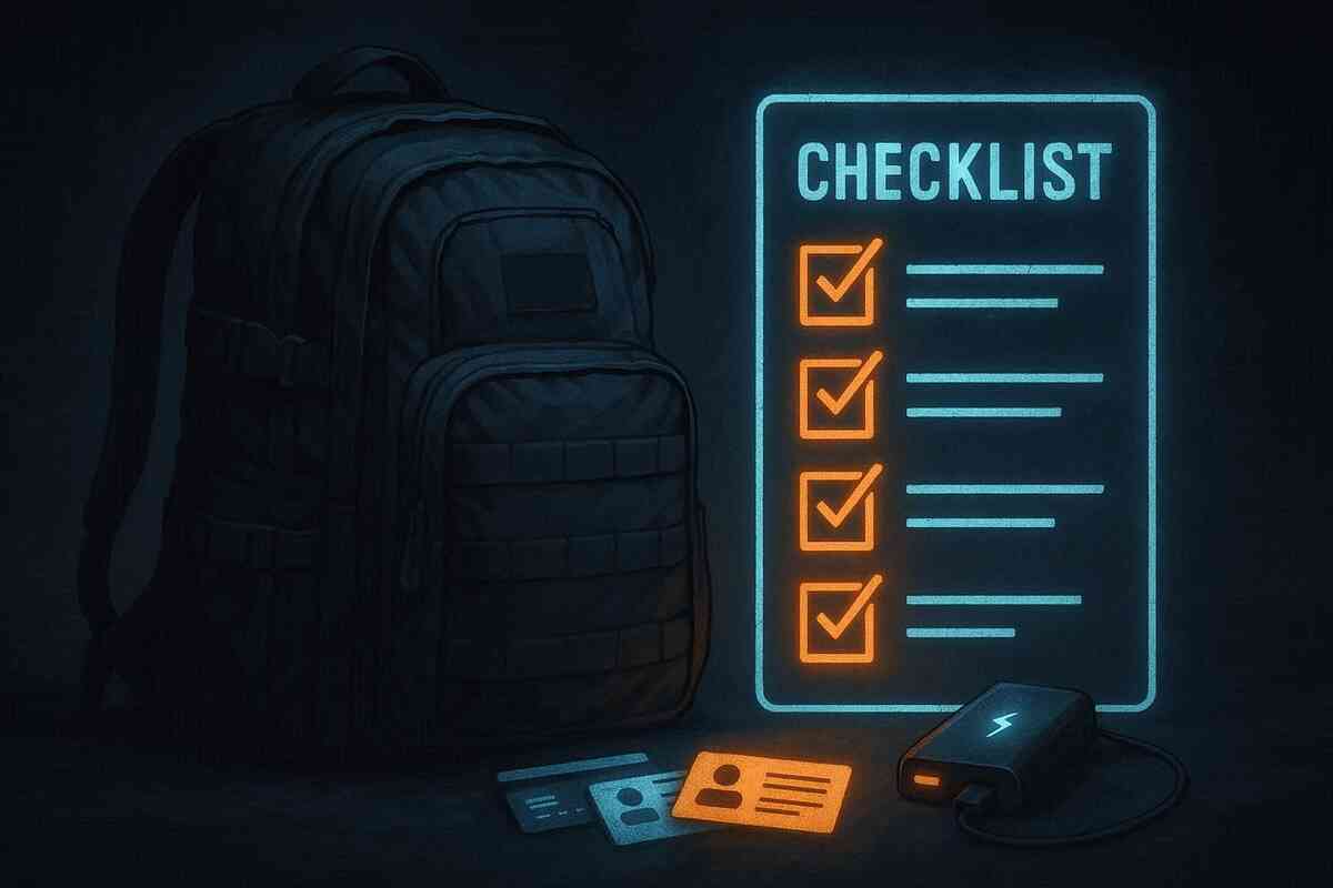 Backpack beside neon checklist with IDs and charger—practical readiness and urgent tension, visual guide to essential documents and survival gear