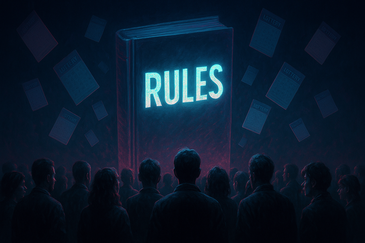 Huge neon RULES book glowing in the dark, crowd staring in tension—lottery tickets floating, strict system, suspenseful sense of destiny and fairness