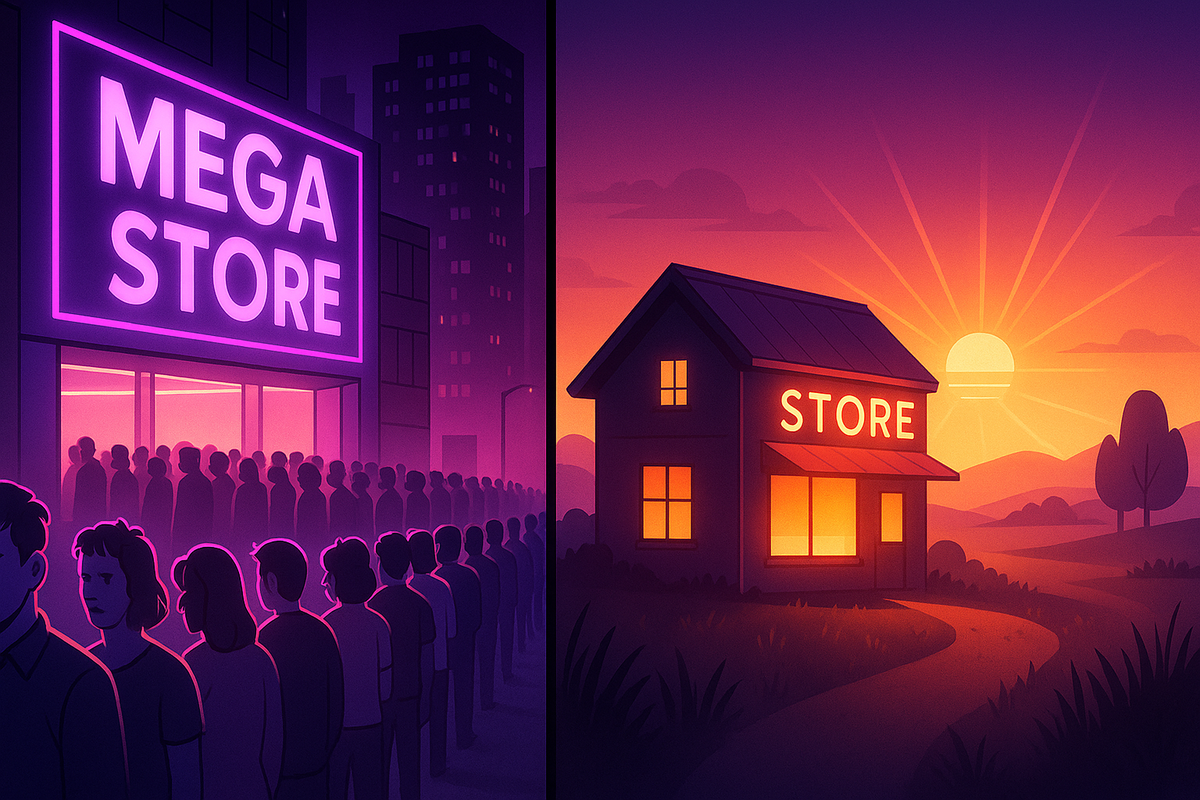 Split-screen stores—mega city shop with endless neon queue vs quiet countryside store glowing in sunrise—contrast of chaos and hidden opportunities