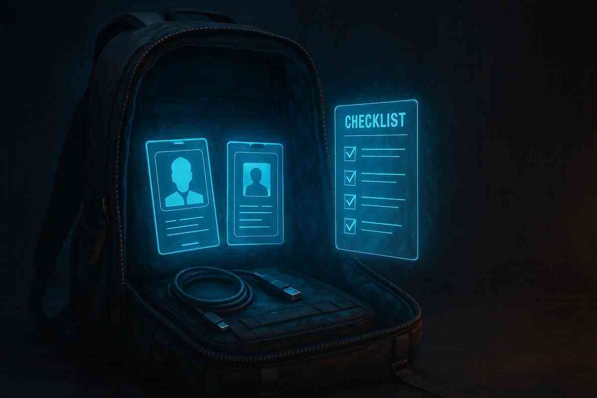 Backpack glowing with futuristic ID cards and checklist—urgent preparation vibe, survival mode, must-have documents and cables before the big day