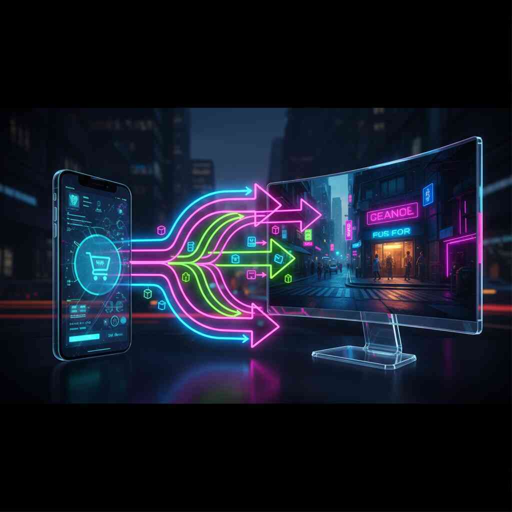 Smartphone linked to neon arrows flowing into giant futuristic screen—hybrid online-to-store system, fast digital strategy, unstoppable shopping energy