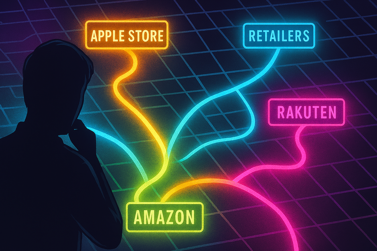 Silhouette person facing neon glowing paths—Apple Store, Amazon, Rakuten, Retailers—colorful crossroad of choices, thrilling dilemma of where to buy