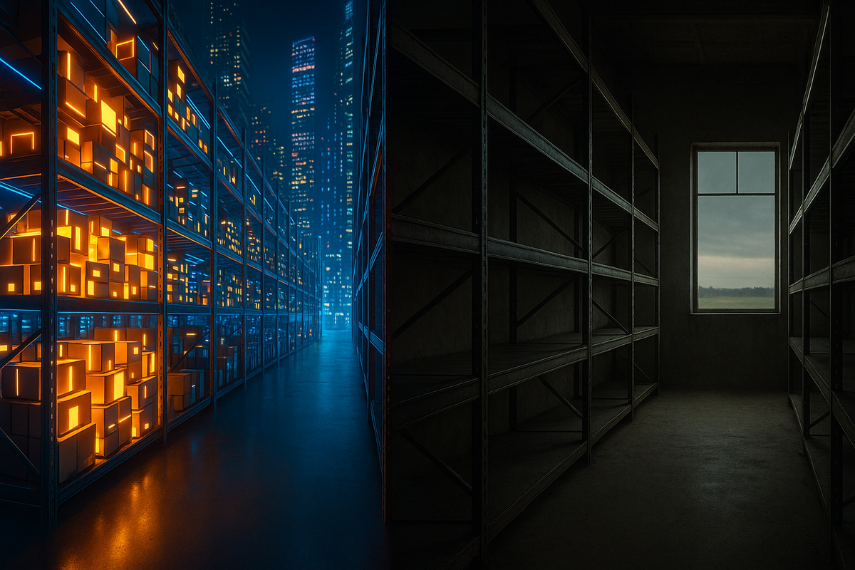 Split warehouse shelves glowing with bright stocked boxes on one side and haunting emptiness on the other—urban abundance versus rural scarcity, dramatic contrast
