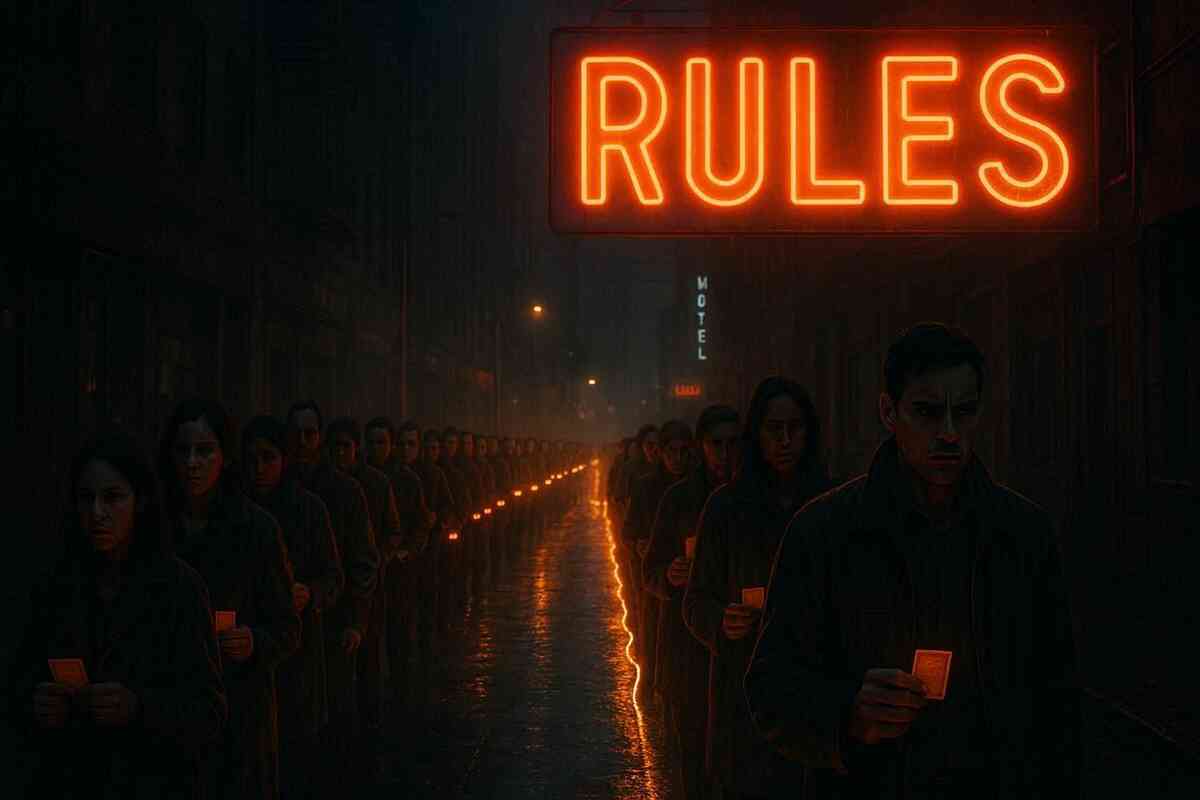 Endless line of grim buyers clutching tickets under a blazing red RULES sign—harsh order, strict control, and the raw tension of lottery-style sales