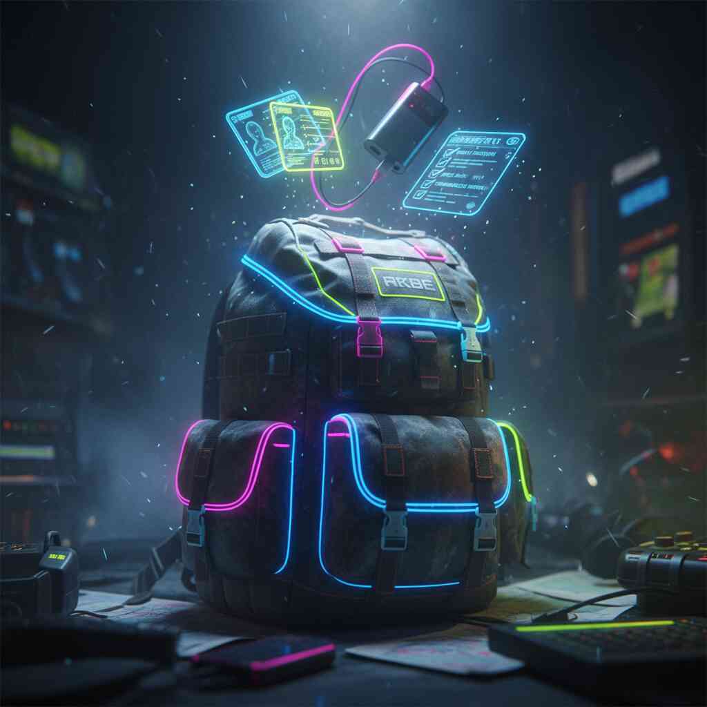 Futuristic survival backpack glowing in neon with floating ID cards, charger, and checklist—urgent preparation, resilience, and high-stakes readiness
