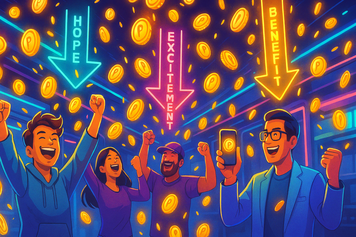 Shower of glowing gold coins raining over cheering buyers with neon arrows HOPE, EXCITEMENT, BENEFIT—pure joy, reward frenzy, and emotional victory