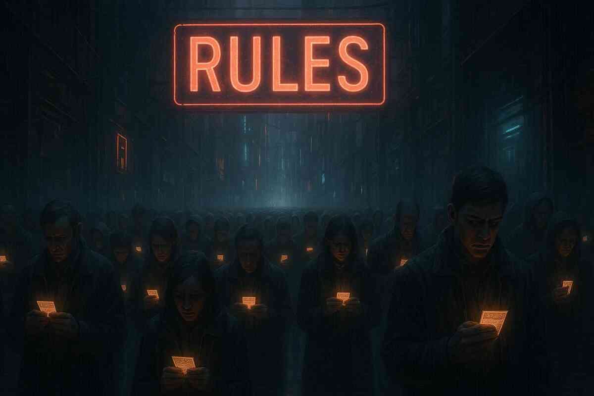 Endless line of people holding glowing tickets under a giant RULES sign—intense atmosphere of control, tension, and determination to secure iPhone