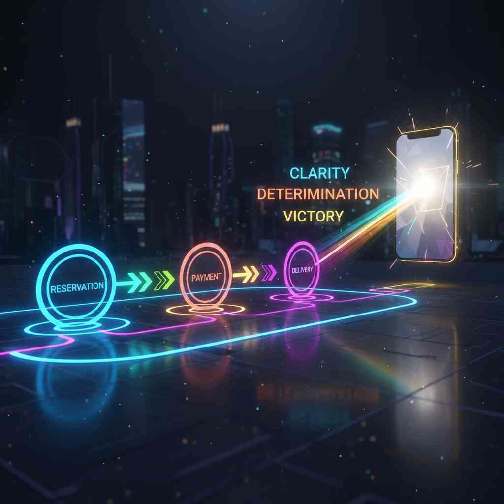 Futuristic neon roadmap—reservation → payment → delivery—arrows exploding into smartphone light—clarity, determination, victory energy