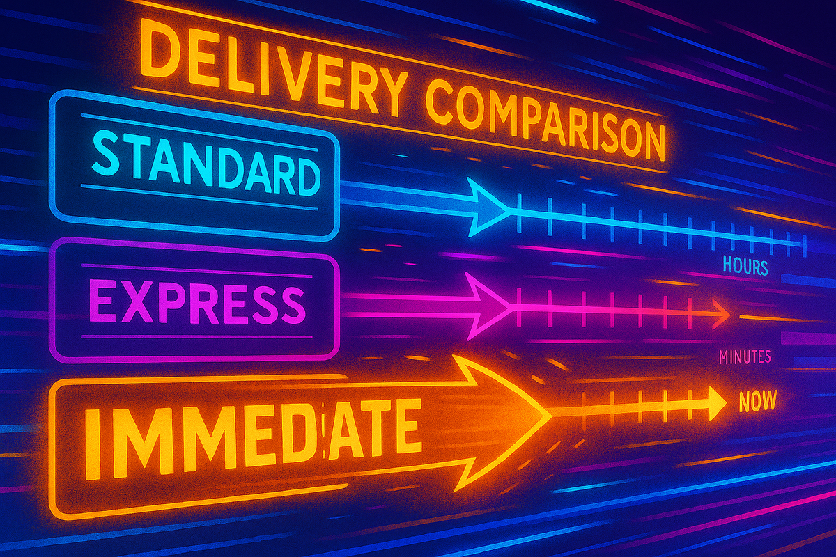 Blazing delivery comparison—standard hours, express minutes, immediate NOW—arrows shooting forward with neon fire—speed, urgency, unstoppable momentum