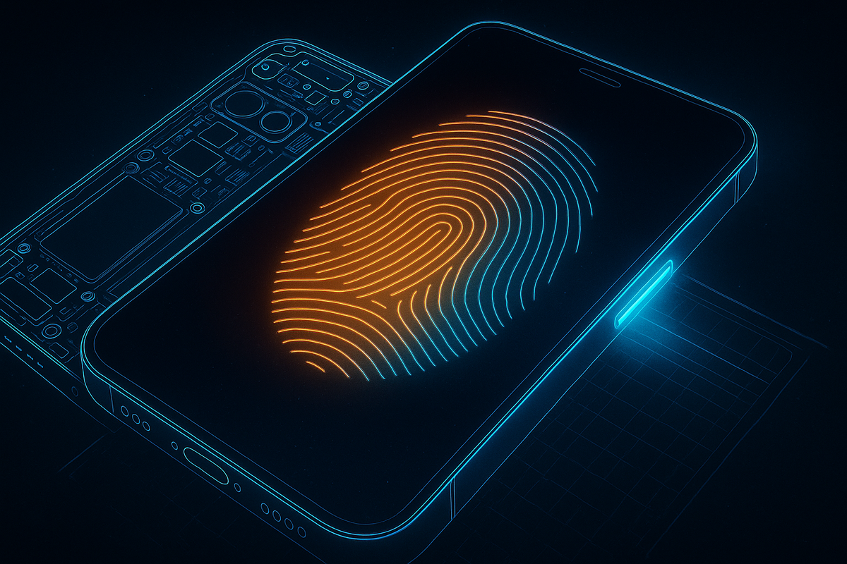 Futuristic phone blueprint with blazing neon fingerprint—cutting-edge under-display Touch ID vision, raw innovation, thrilling possibility unveiled