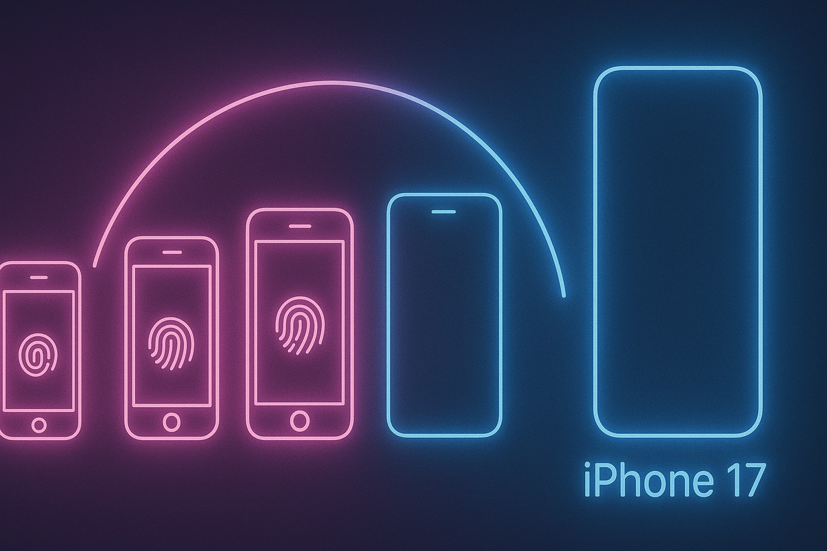 Neon timeline of iPhones evolving into iPhone17—fingerprint icons glowing bright, nostalgic past meeting futuristic destiny, emotional tech journey