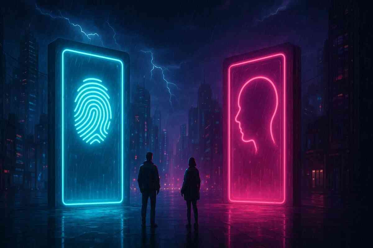 Stormy city showdown—giant neon fingerprint vs glowing face ID—epic battle of identity, dramatic choice, electrifying tension of Apple’s future