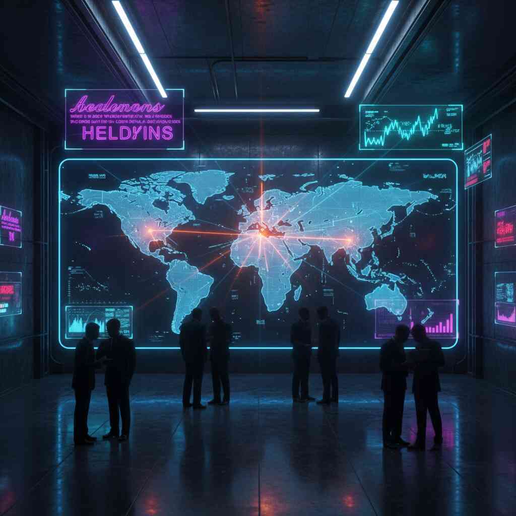 High-tech newsroom with glowing world map—journalists and analysts decoding global leaks, whispers of truth, electric tension in dim neon light