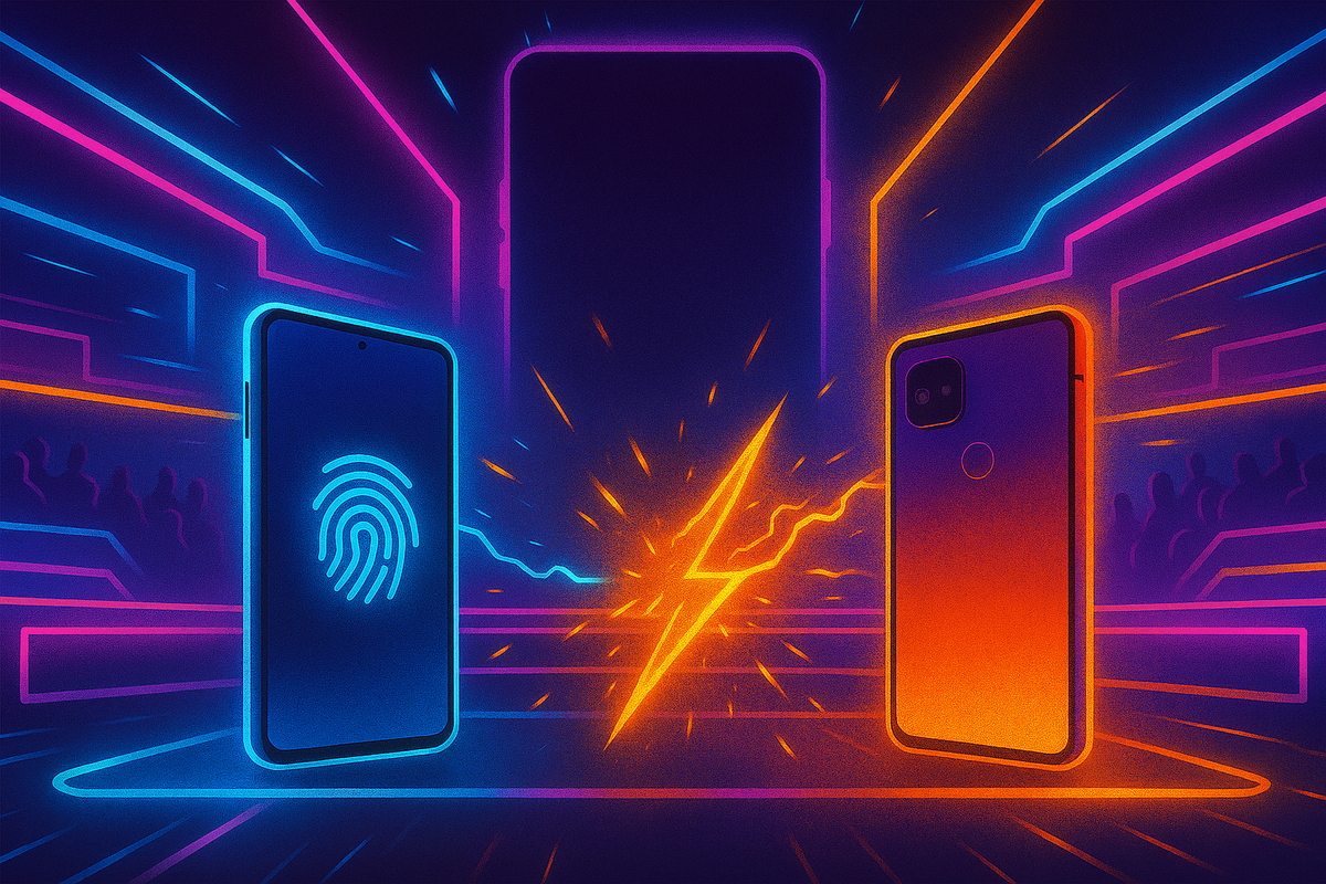 Explosive clash—neon iPhone fingerprint vs rival Android phone—arena battle of biometric power, fiery sparks, dramatic competition, raw intensity