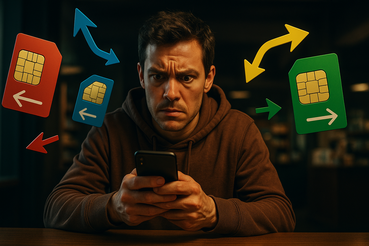 Man weighing swirling colored SIM cards and arrows around his phone—carrier switch vs upgrade, MNP strategy, analysis paralysis turning into focused confidence, decisive money-saving mood