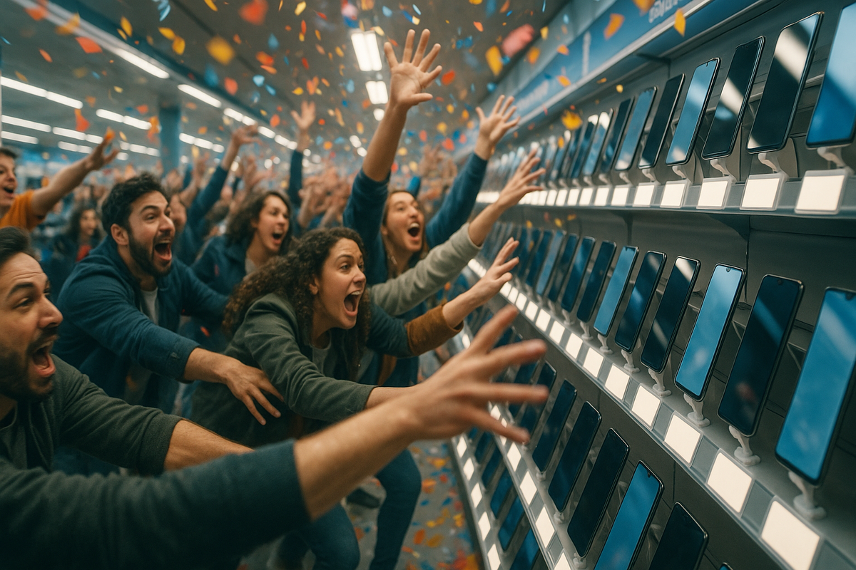 Crowd surging toward rows of smartphones with confetti—flash-sale frenzy, joyful chaos, FOMO spark, best-deal rush for the lowest iPhone 17 price